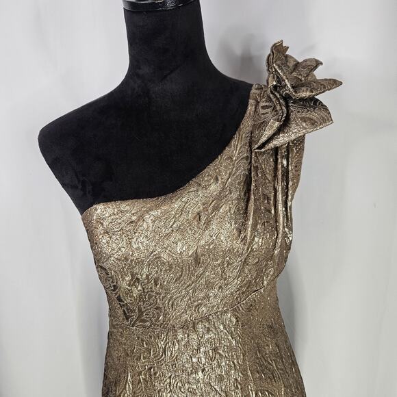 ABS Allen Schwartz Gold Mini Dress One Shoulder Gold Metallic Cocktail Sz 8 - Picture 3 of 10